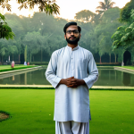 A wise and serene male scholar, dressed in traditional, modest Bengali professional attire, standing peacefully in a lush, verdant garden at dawn. The atmosphere is filled with a soft, ethereal light, hinting at philosophical depth and a connection to nature. The background features ancient trees and a tranquil pond, reflecting the sky. The image emphasizes intellectual contemplation and cultural richness. Perfect anatomy, correct proportions, natural pose, well-formed hands, proper finger count, natural body proportions. Safe for work, appropriate content, fully clothed, professional, high-quality, ultra-detailed, artistic photography.