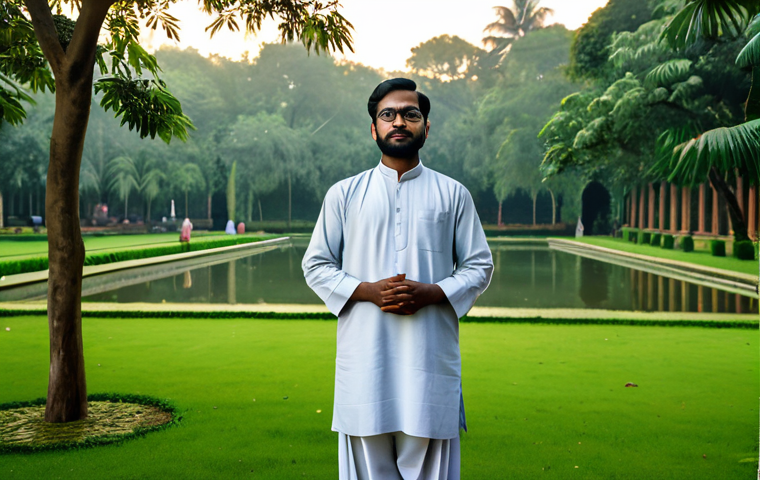 A wise and serene male scholar, dressed in traditional, modest Bengali professional attire, standing peacefully in a lush, verdant garden at dawn. The atmosphere is filled with a soft, ethereal light, hinting at philosophical depth and a connection to nature. The background features ancient trees and a tranquil pond, reflecting the sky. The image emphasizes intellectual contemplation and cultural richness. Perfect anatomy, correct proportions, natural pose, well-formed hands, proper finger count, natural body proportions. Safe for work, appropriate content, fully clothed, professional, high-quality, ultra-detailed, artistic photography.